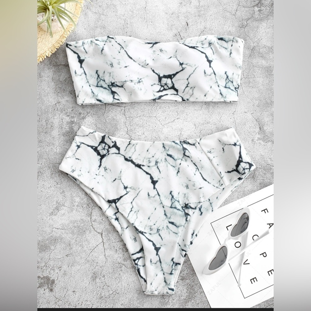 Zaful White Marble Print Bandeau Bikini Set